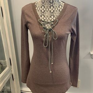 PattyBoutik Brown Long Sleeve Top Tie Front